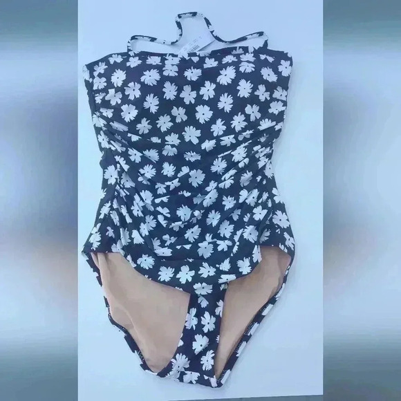 J Crew Women Blu White Floral Ruched Bandeau w/ Halter Strap One Piece Sz 10 NWT - Picture 3 of 7